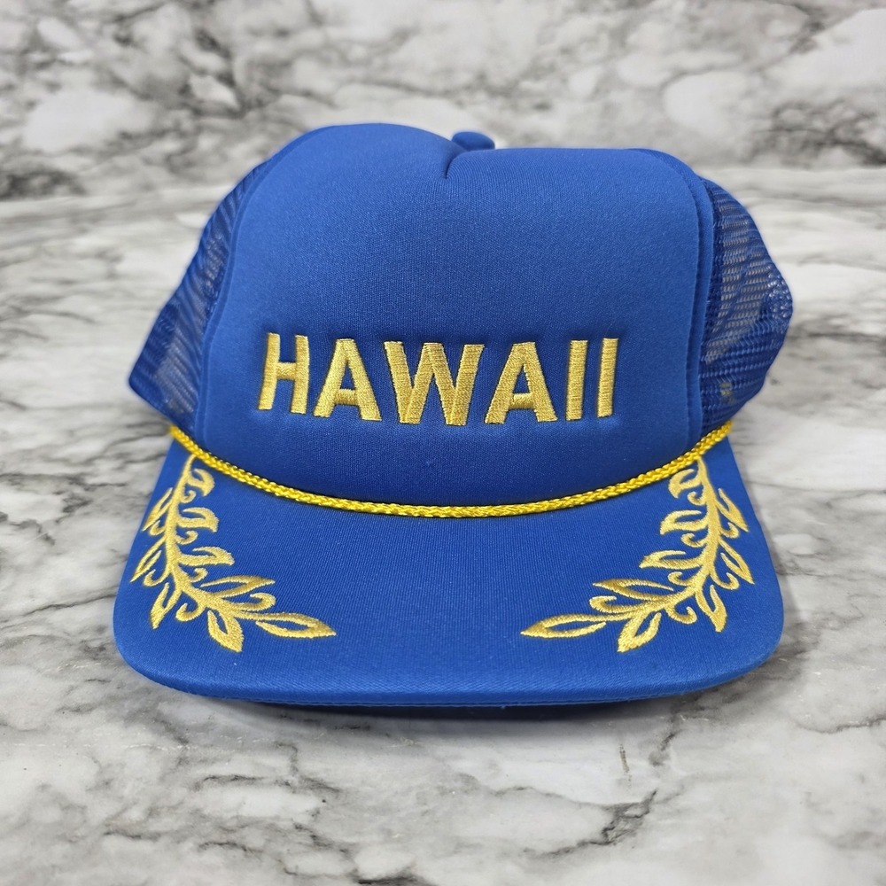 Vintage Hawaii Cap Hat Snapback Foam Trucker Rope Mesh Back Gold Leaf Blue New